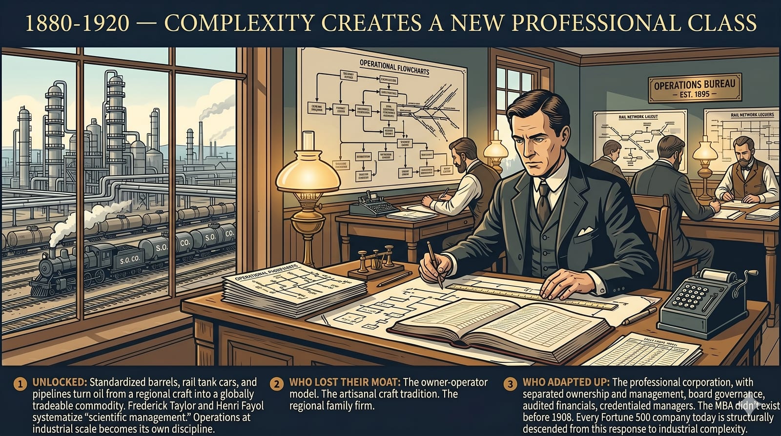 Editorial illustration of a late-19th-century managerial office circa 1900, with a manager reviewing operational flowcharts and ledgers while Standard Oil tank cars and refinery towers are visible through the window.